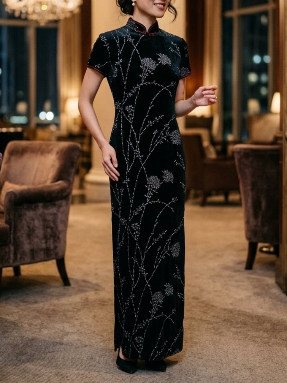 Vintage 90s Jessica Howard Black Velvet Cheongsam Metallic Floral Maxi Dress 4/6